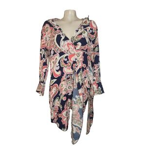 Paisley Print V-Neck Front Tie Mini Dress Navy Coral Retro Flare Sleeve